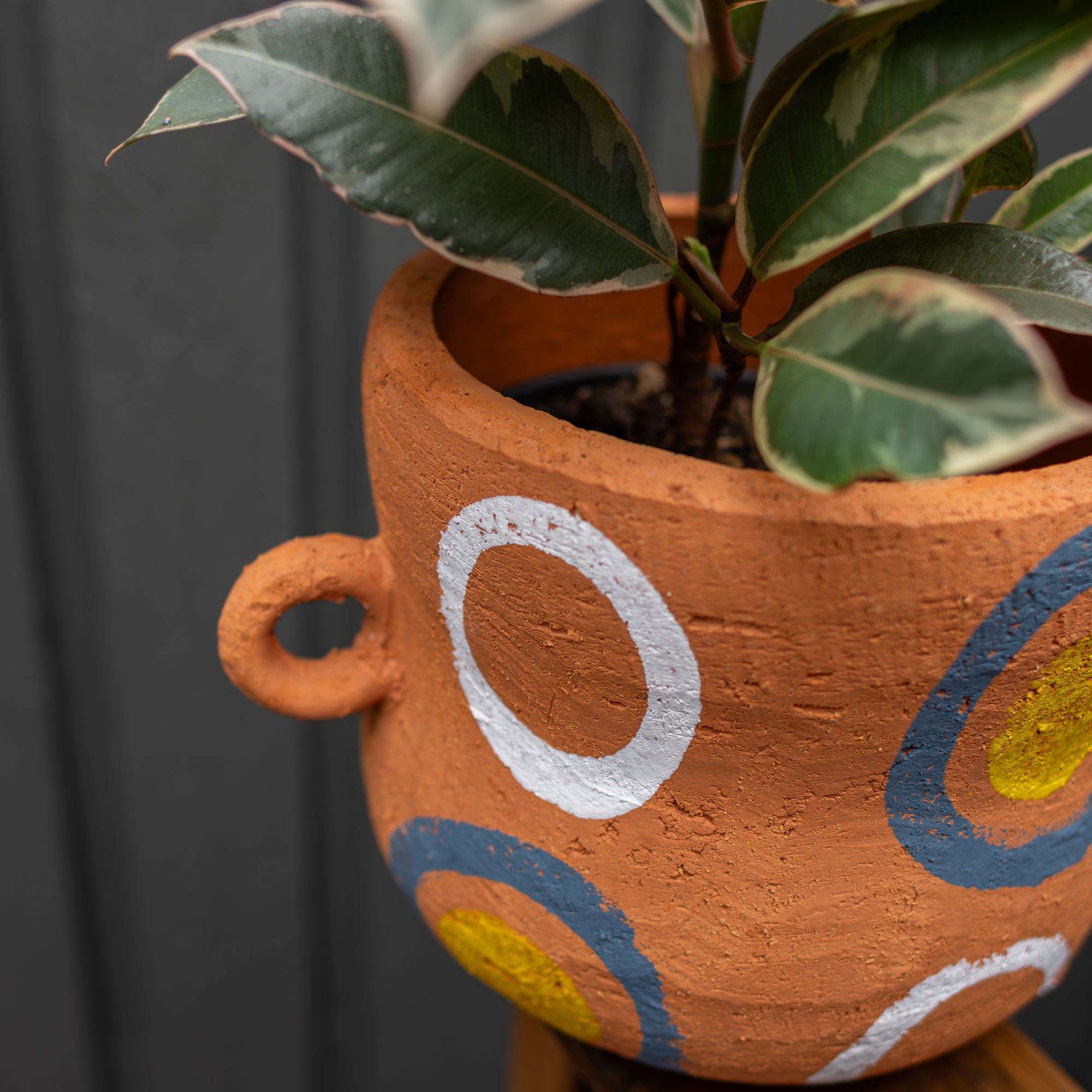 Terracotta pot with colorful circular designs